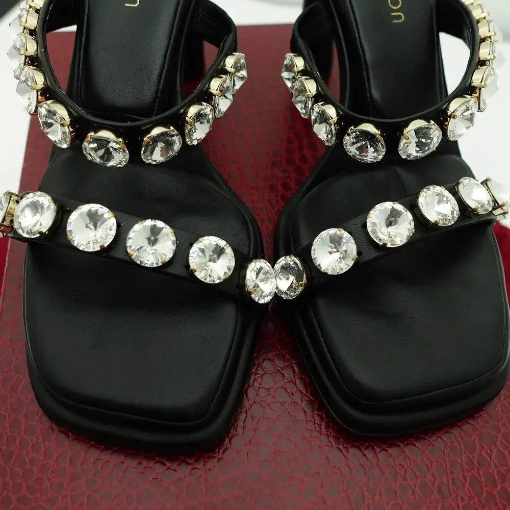 Tamara Mellon Pillow Top Black Crystal Strappy Stiletto Mules - Size 38
